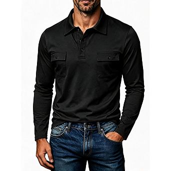 Mens Chest Pocket Polo Shirt Long Sleeve Collared Top For Casual Daily Outdoor Wear