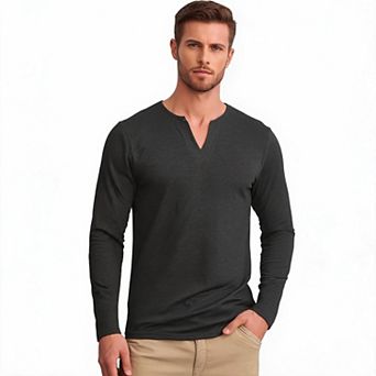 Mens Notch Neck Shirt Long Sleeve V Neck Tee Slim Fit For Casual Daily Street Wear