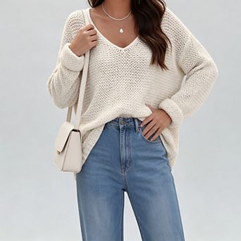 ShopWonder Women's Crochet V Neck Long Sleeve Knit Loose Pullover Sweater