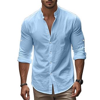 Mens Mandarin Collar Shirt Roll Up Sleeve Button Down Top For Casual Summer Daily Wear