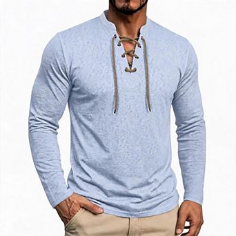 Mens Lace Up Henley Shirt Long Sleeve V Neck Top For Casual Daily Street Wear