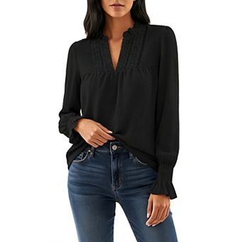 Valossie Womens v Neck Loose Fit Tops Boho Flowy Babydoll Shirts Dressy Casual Long Sleeve Blouses