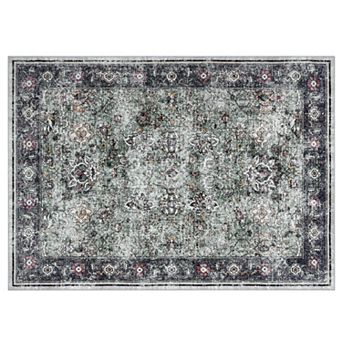 Washable Vintage Floral Area Rug - Distressed Non-Slip Traditional Living Room Carpet