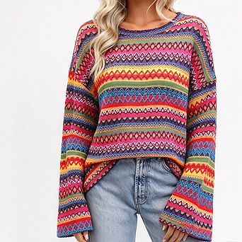 Women Geometric Striped Knit Top Round Neck Long Bell Sleeve Casual Pullover Shirt