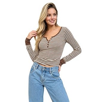 Women Long Sleeve Shirts Fall Half Button Down V Neck Slim Fit Basic Stretch Soft Tee Tops