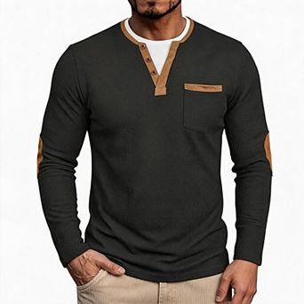 Men Henley Long Sleeve Shirt Color Block Elbow Patch Tee For Casual Daily Outdoor Wear