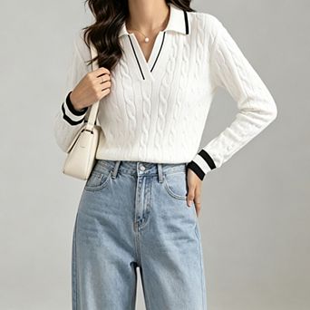 ShopWonder Women's Fall Long Sleeve Lapel V Neck Cable Knitted Pullover Sweaters