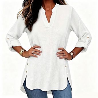 Women Elegant V-Neck Solid Shirt 3/11 Roll Sleeve Side Button Loose Top