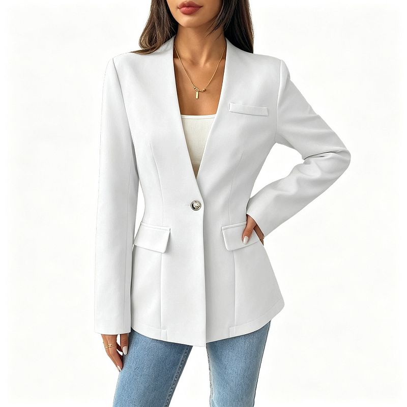 Women's Collarless v Neck Blazer, Single Button Cinched Waist Long ...