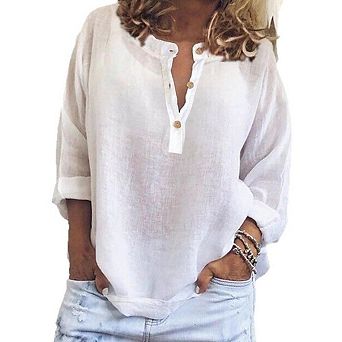 Women's Loose Linen Long Sleeve Shirt Henley V Neck Half Button Casual Blouse
