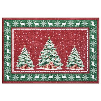 Christmas Area Rug Christmas Tree Decorate Rug with Reindeer Snowflake Non Slip Washable for Bedroom