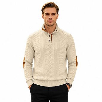 Mens Cable Knit Sweater Button Mock Neck Elbow Patch Pullover