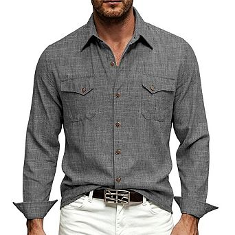 Mens Long Sleeve Shirt Chest Pockets Textured Woven Button Down