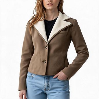 Women Fleece Collar Cropped Jacket, Suede Outerwear Button Down Short Coat
