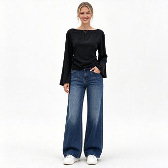 Women's Bell Sleeve Fitted Top, Back Tie Waist Slim Fit Long Sleeve t-Shirt for Work