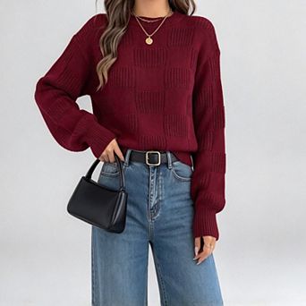 ShopWonder Women's Long Sleeve Loose Textured Crew Neck Knit Sweaters