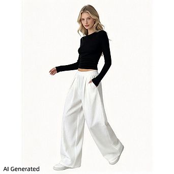 Women'S Drawstring High Waist Linen Palazzo Pants, Wide Leg Loose Elegant Trousers