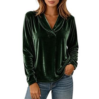 Valossie Women's Velvet Long Sleeve Tops Cowl v Neck Loose Fit Casual Shirt Elegant Dressy Blouse