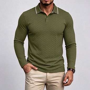 Men's Regular-Fit Long-Sleeve Textured Jacquard Knit Polo Shirt