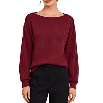 Women's Cable Knit Long Sleeve Tops Boat Neck Loose Blouse Button Shoulder Casual Pullover Shirts