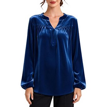 Women's Velvet Long Sleeve Blouse v Notch Neck Tunic Top Lantern Sleeve Casual Fall Winter Shirt