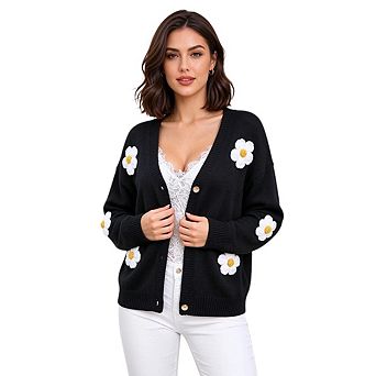 Women's Floral Knit Cardigan Long Sleeve Button Front Knit Sweater Top