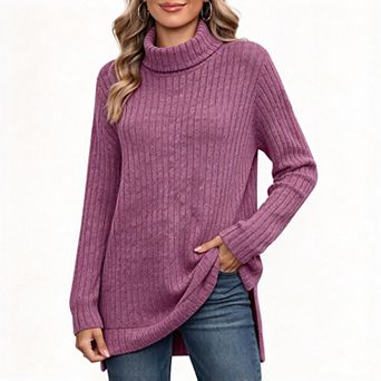 Women's Mock Neck Tunic Top, Long Sleeve Side Split Hem Relaxed Pullover