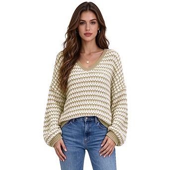 Women's Striped Color Block Cut Out Knit Long Sleeve Crew Neck Pullover