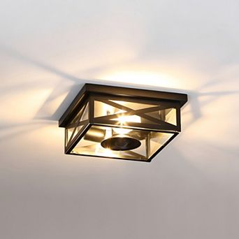 10.62 in Black Square Outdoor Ceiling Light with Motion Sensor and Clear Glass Shade