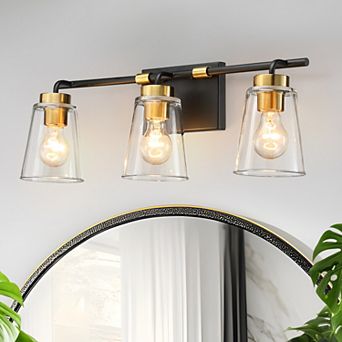 24" 3-Light Black and Gold Vintage Design Bathroom Vanity Light with Clear Bell Glass shade