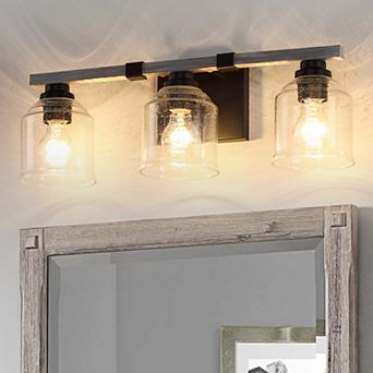 22" 3-Light Black and Gray-White Wood Grain Vanity Light with Clear Seeded Bell Glass Shades