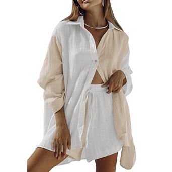 Womens 2 pc Long Sleeve Button Down Blouse High Waist Shorts Casual Set