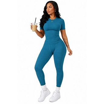 Womens 2 pc Ribbed Tracksuit Set High Waist Leggings Slim Fit Stretch