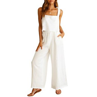 Womens 2 pc Linen Summer Outfit Crop Tank Wide Leg Pants With Pockets Casual Wear