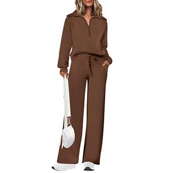 Womens 2 pc Half Zip Lounge Sets Soft Cozy Wide Leg Palazzo Pants Tracksuit
