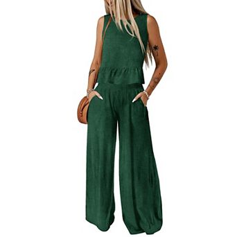 Womens 2 pc Sleeveless Tank Tops Elastic Waist Wide Leg Pants Set