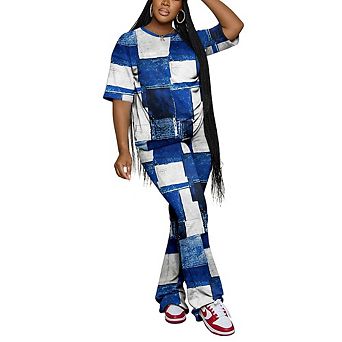 Womens 2 pc Short Sleeve Top Flare Pants Lounge Tracksuit Set