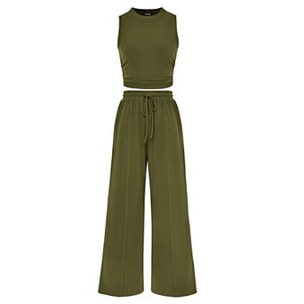 Womens 2 pc Ribbed Knit Sleeveless Crop Top Wide Leg Pants Lounge Set