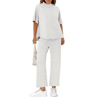 Womens 2 pc 3/4 Sleeve Lounge Set Wide Leg Pants Loose Fit Casual Wear