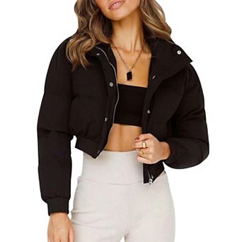 Women Cropped Puffer Jacket Warm Winter Long Sleeve Padded Outerwear