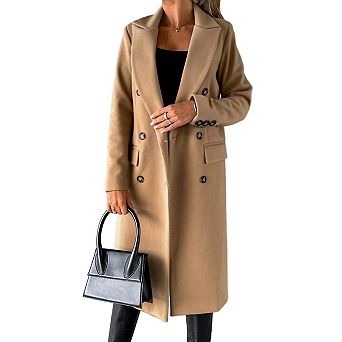 Womens Woolen Long Trench Coat Double Breasted Winter Casual Jacket