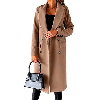 Womens Woolen Long Trench Coat Double Breasted Winter Casual Jacket