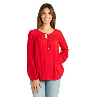 Women's AB Studio Long Sleeve Tie Neck Woven Trim Blouse