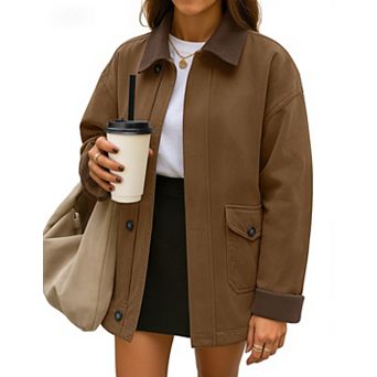 Women's Oversized Casual Barn Jacket Contrast Collar Zip Up Cargo Coat