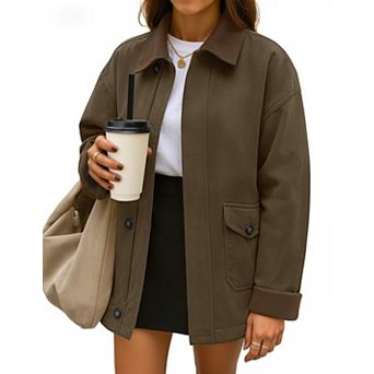 Women's Oversized Casual Barn Jacket Contrast Collar Zip Up Cargo Coat