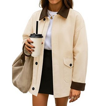 Women's Oversized Casual Barn Jacket Contrast Collar Zip Up Cargo Coat