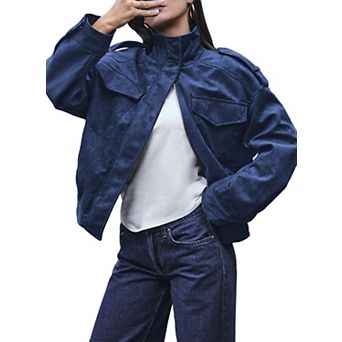 Womens Faux Suede Bomber Jacket Stand Collar Zip Up Pockets Fall Winter Outerwear