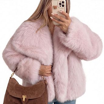 Women's Oversized Faux Fur Teddy Jacket Cropped Shawl Collar Warm Winter Coat