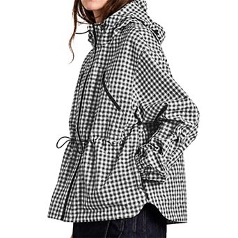 Womens Waterproof Plaid Hooded Rain Jacket Windbreaker Outdoor Hiking Coat