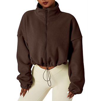 Womens Full Zip Stand Collar Fleece Crop Jacket Warm Winter Coat
